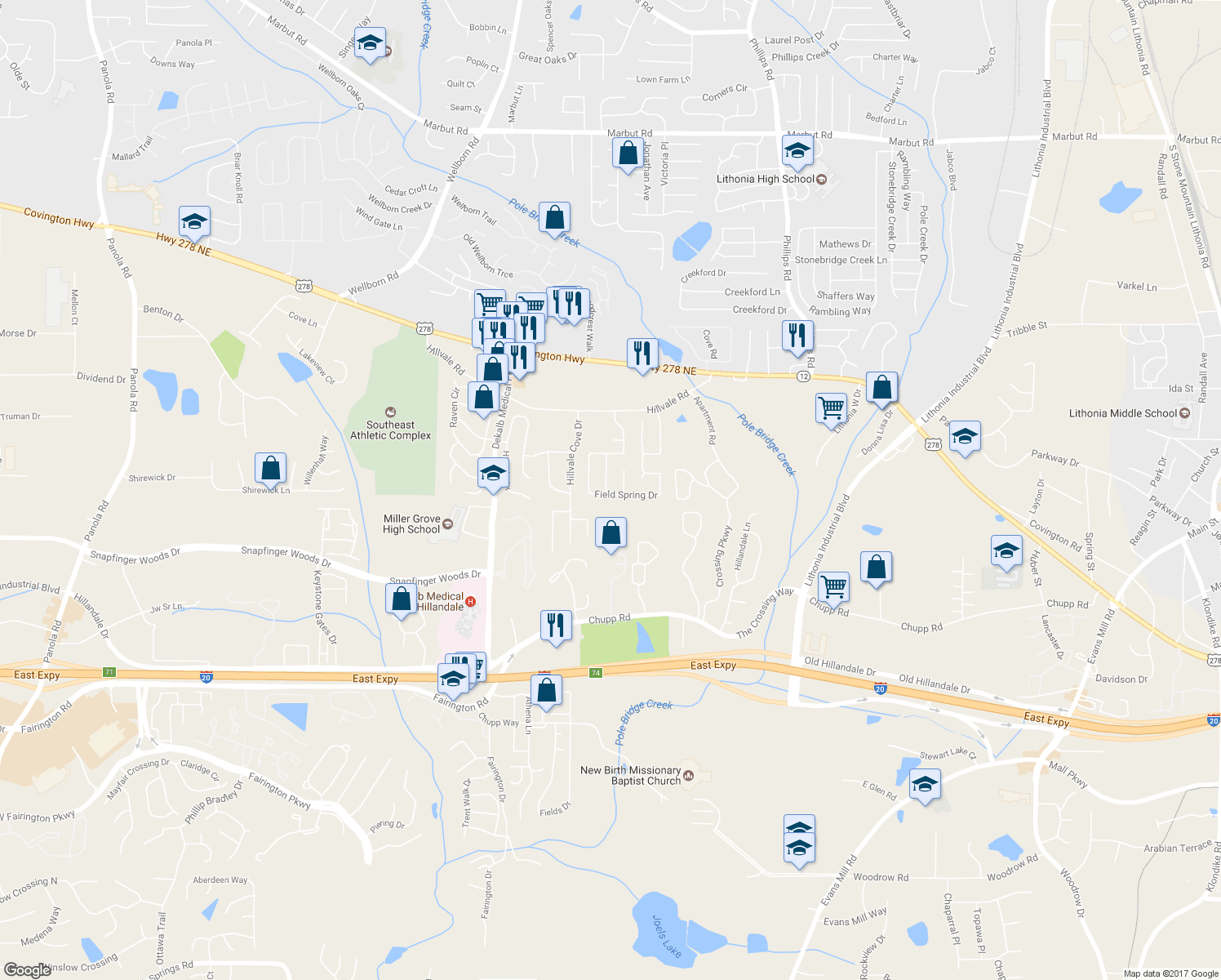 map of restaurants, bars, coffee shops, grocery stores, and more near 2673 Field Spring Drive in Lithonia