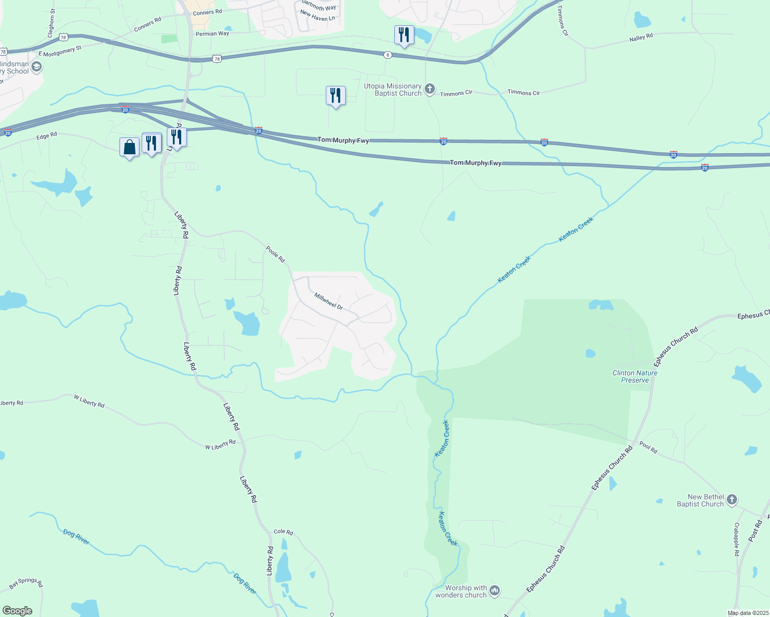 map of restaurants, bars, coffee shops, grocery stores, and more near 236 Millwheel Drive in Villa Rica