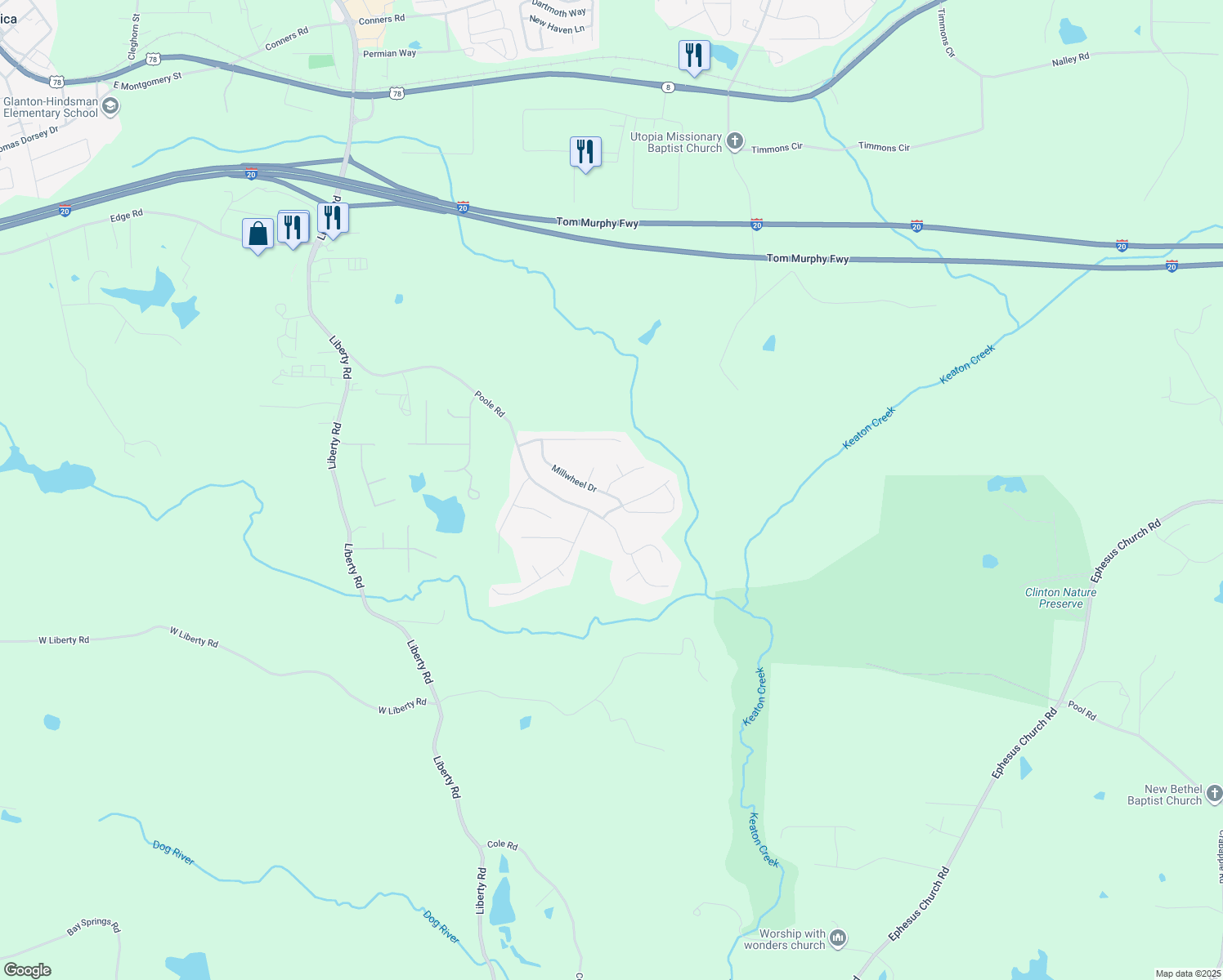 map of restaurants, bars, coffee shops, grocery stores, and more near 102 Millstream Ridge in Villa Rica