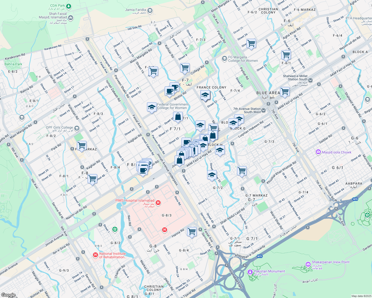 map of restaurants, bars, coffee shops, grocery stores, and more near 55c Service Road West in Islamabad