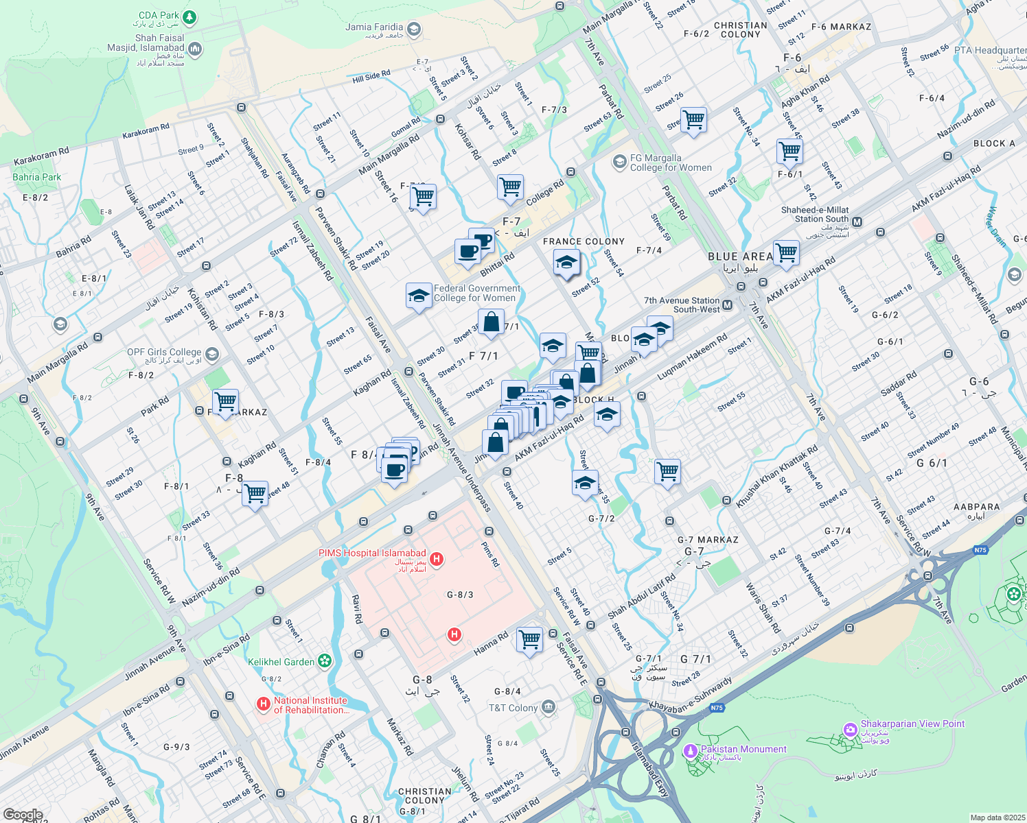 map of restaurants, bars, coffee shops, grocery stores, and more near 55c Service Road West in Islamabad