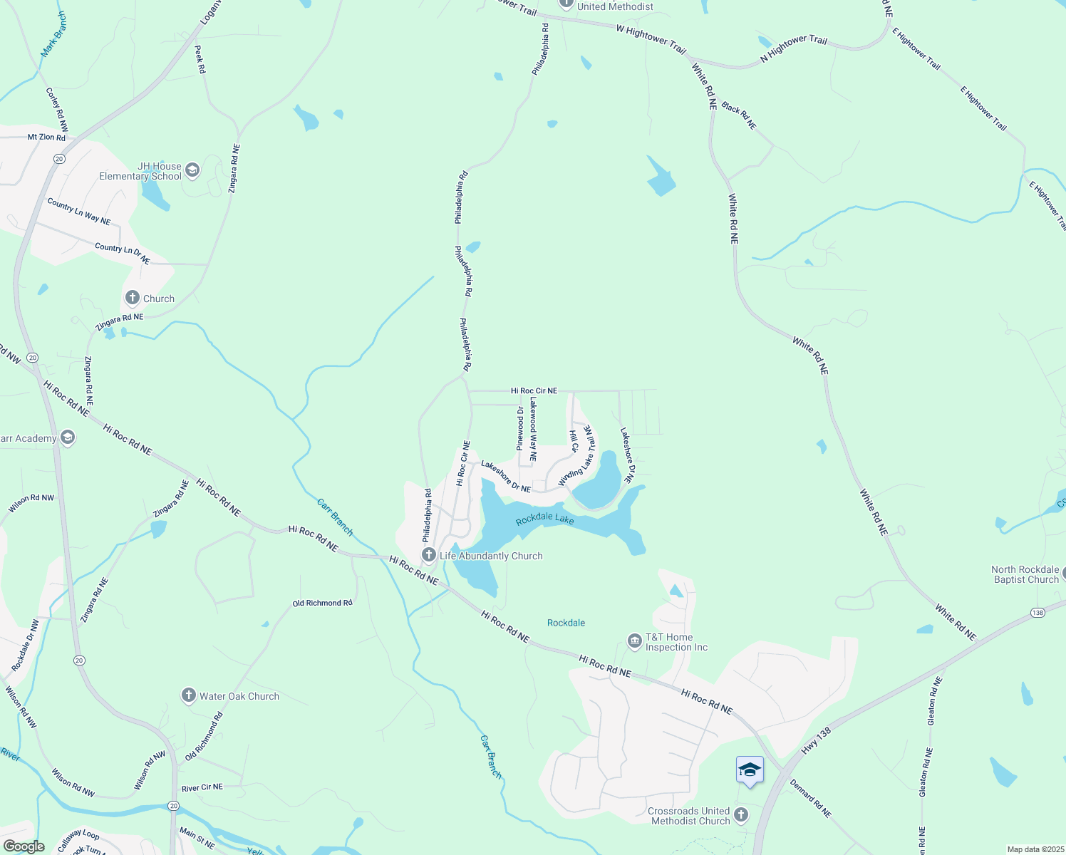 map of restaurants, bars, coffee shops, grocery stores, and more near Lakewood Way Northeast in Rockdale County