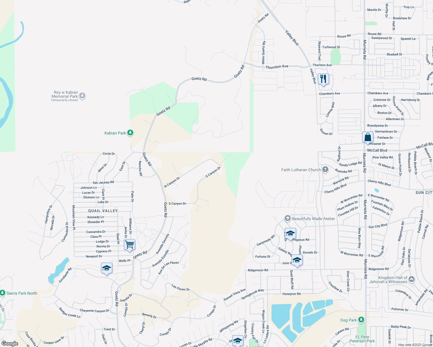 map of restaurants, bars, coffee shops, grocery stores, and more near Quail Circle in Menifee