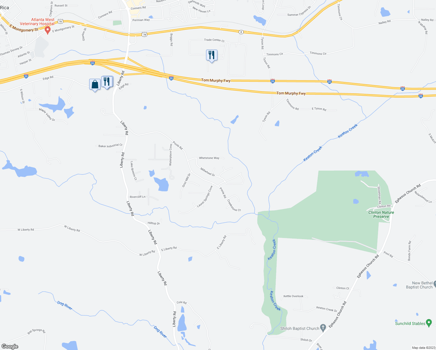 map of restaurants, bars, coffee shops, grocery stores, and more near 161 Millwheel Drive in Villa Rica