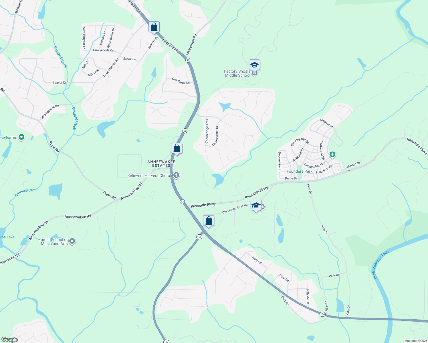 map of restaurants, bars, coffee shops, grocery stores, and more near 3445 Lake Valley Way in Douglasville