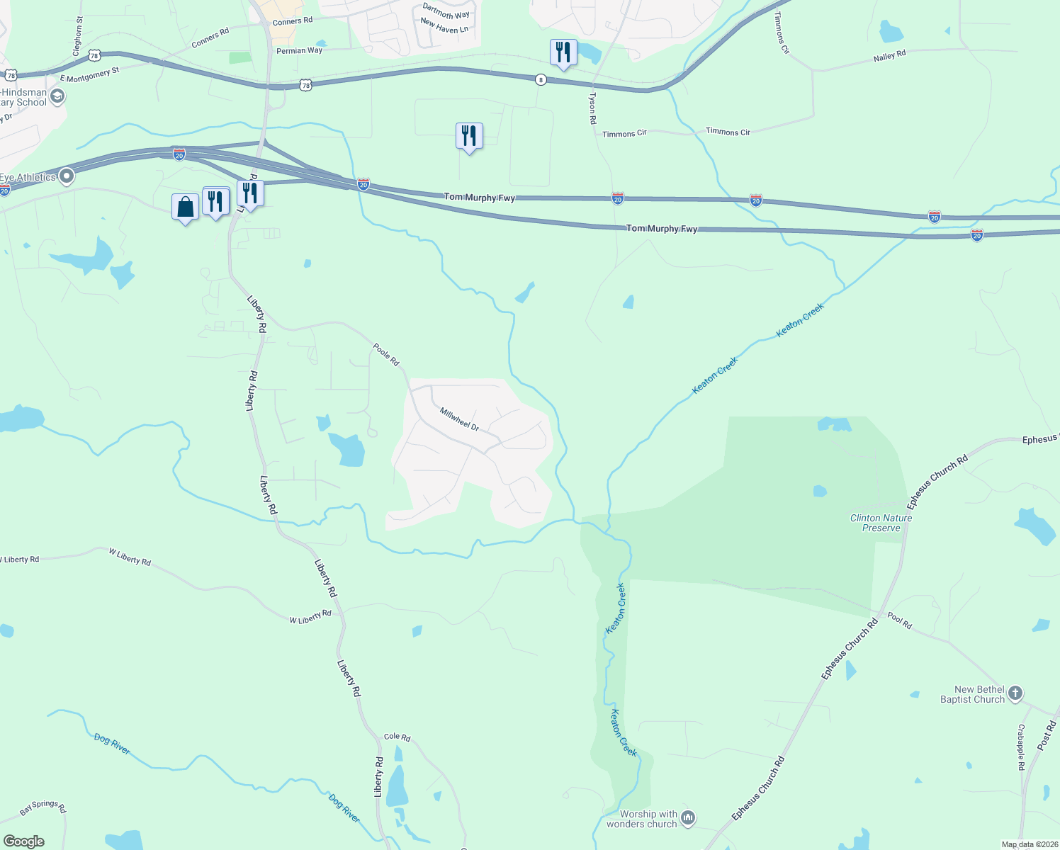 map of restaurants, bars, coffee shops, grocery stores, and more near 215 Millpond Parkway in Villa Rica