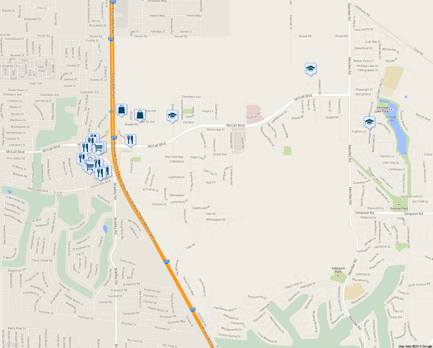 map of restaurants, bars, coffee shops, grocery stores, and more near 27886 Cliff Top Court in Menifee