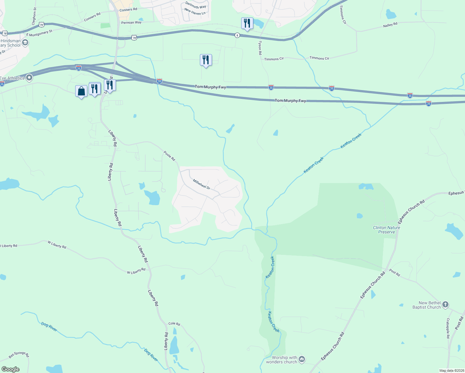 map of restaurants, bars, coffee shops, grocery stores, and more near 215 Millpond Parkway in Villa Rica