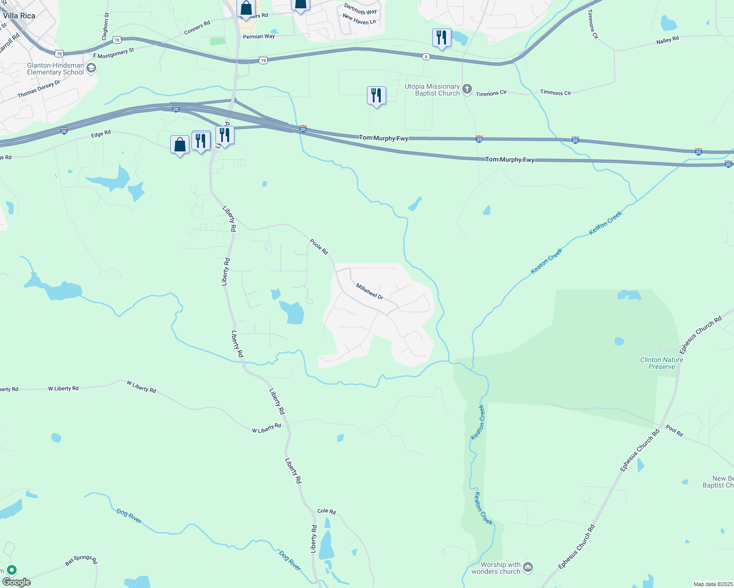map of restaurants, bars, coffee shops, grocery stores, and more near 142 Millwheel Drive in Villa Rica