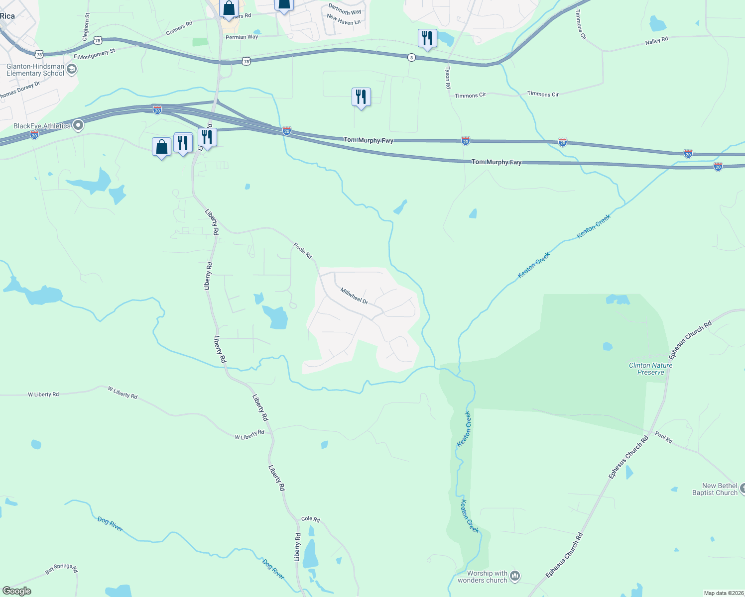 map of restaurants, bars, coffee shops, grocery stores, and more near 103 Millstream Ridge in Villa Rica