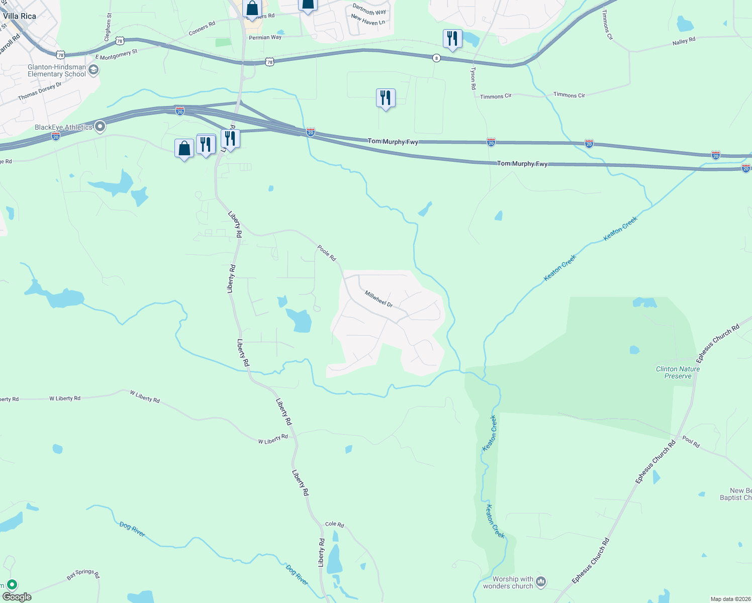 map of restaurants, bars, coffee shops, grocery stores, and more near 109 Weatherford Way in Villa Rica