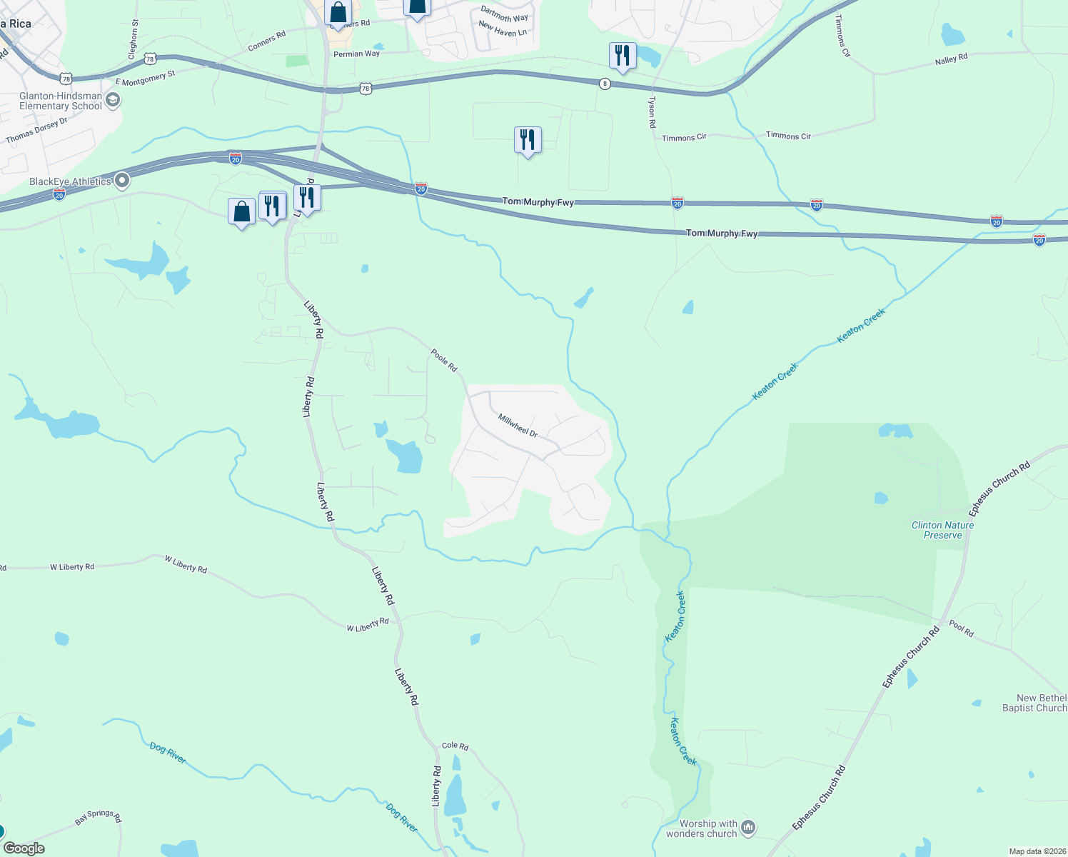 map of restaurants, bars, coffee shops, grocery stores, and more near 102 Weatherford Way in Villa Rica