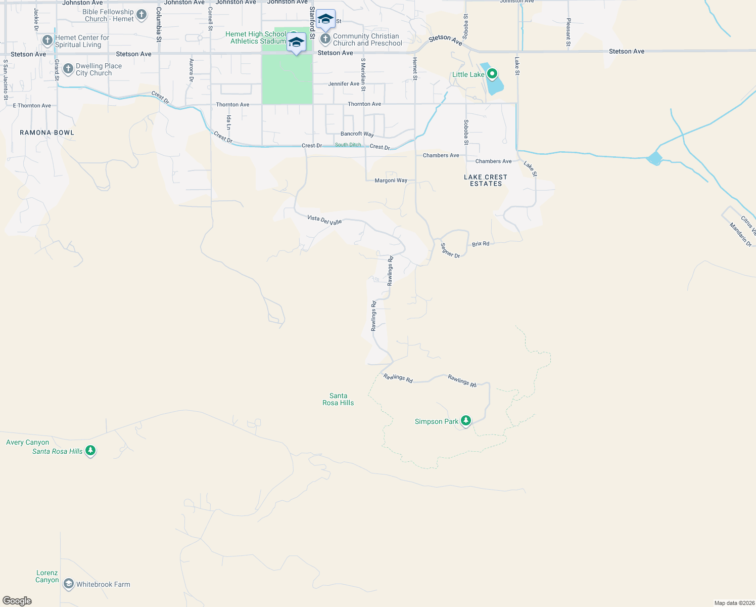 map of restaurants, bars, coffee shops, grocery stores, and more near 28185 Rawlings Road in Hemet