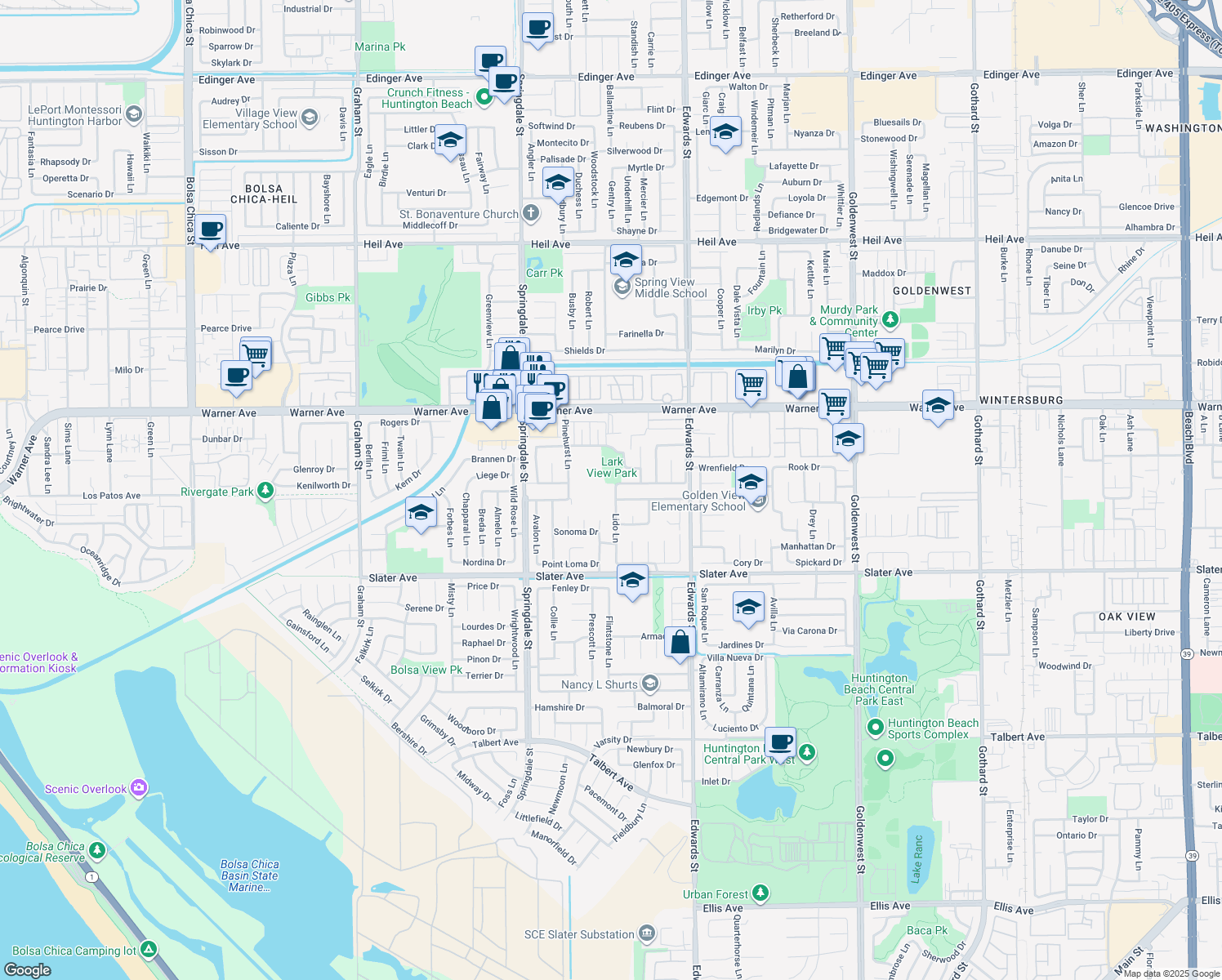 map of restaurants, bars, coffee shops, grocery stores, and more near 17231 Lido Lane in Huntington Beach
