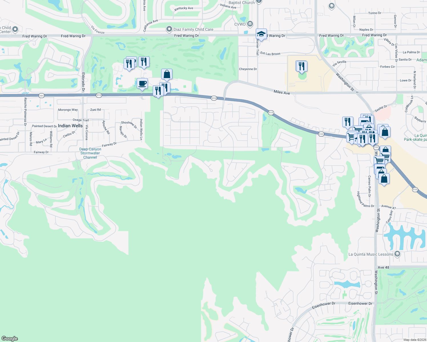map of restaurants, bars, coffee shops, grocery stores, and more near 77110 Desi Drive in Indian Wells