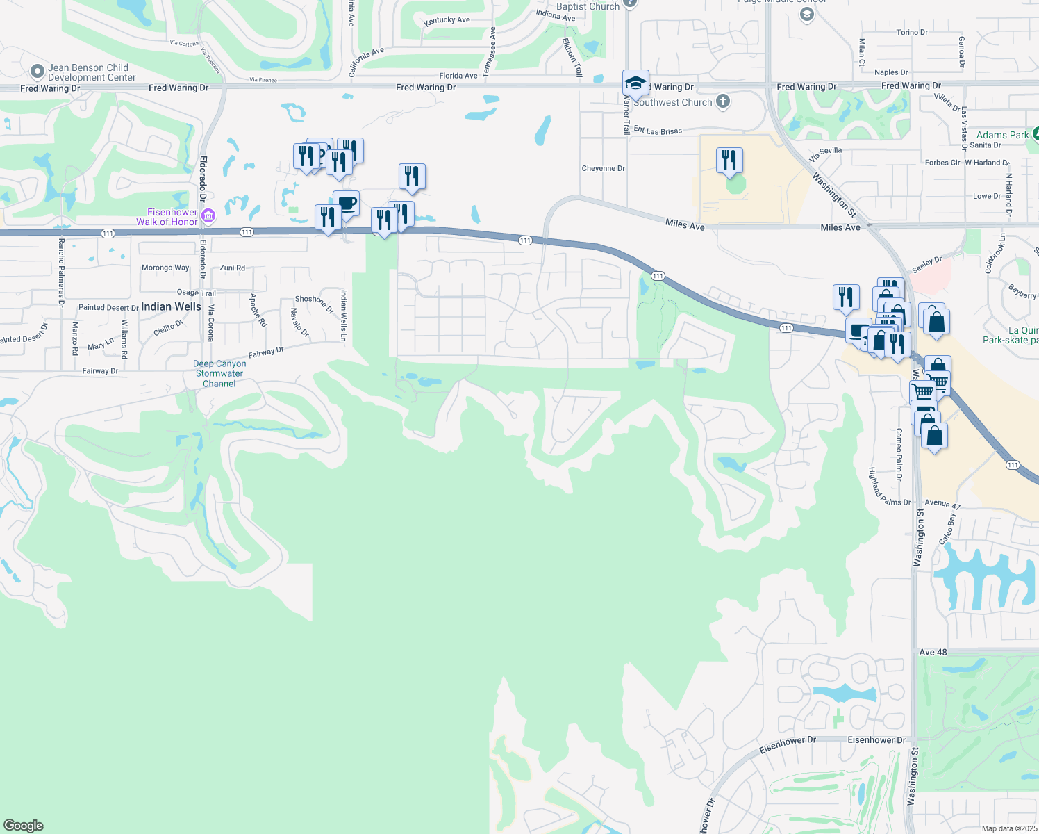 map of restaurants, bars, coffee shops, grocery stores, and more near 77110 Desi Drive in Indian Wells