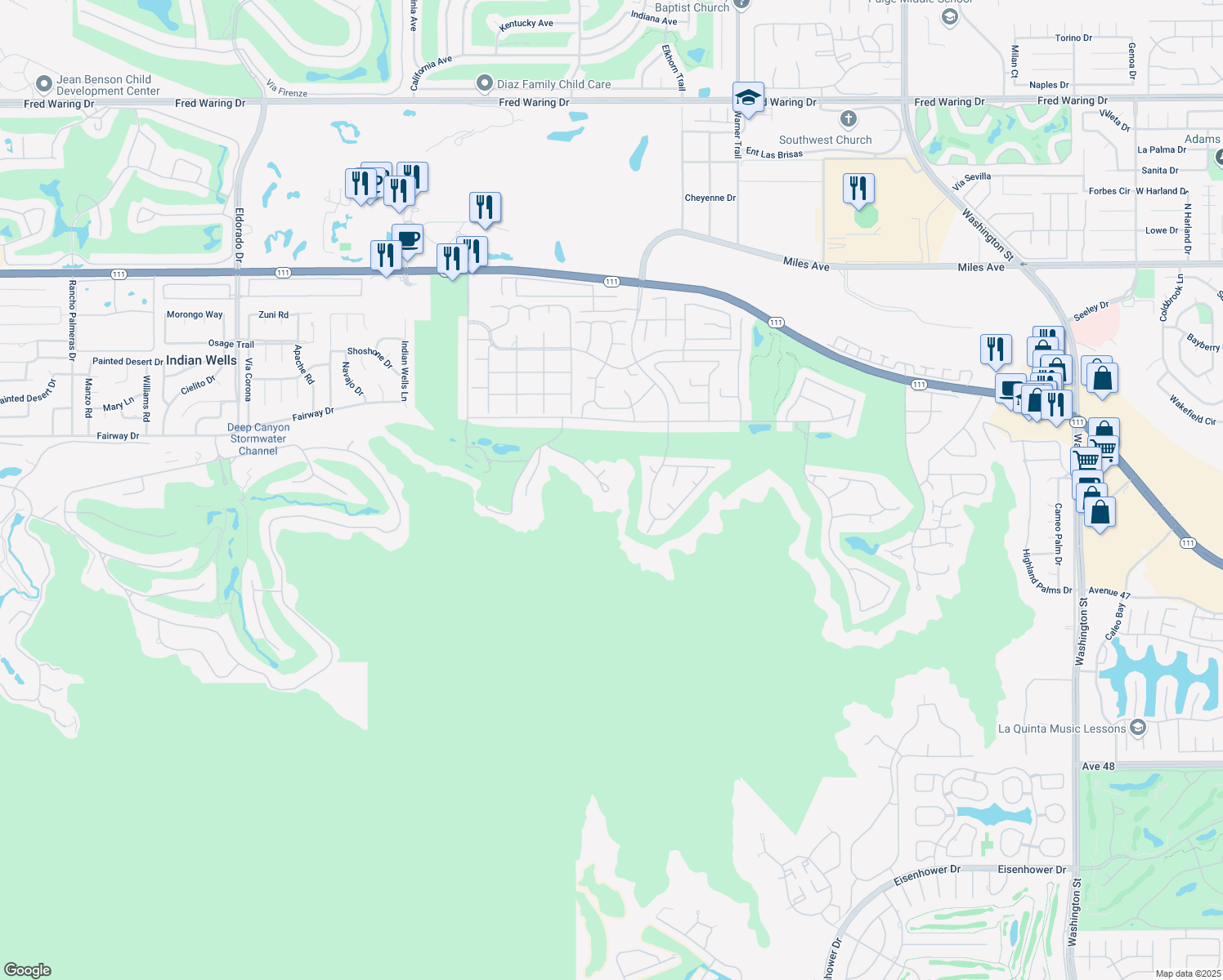 map of restaurants, bars, coffee shops, grocery stores, and more near 77110 Desi Drive in Indian Wells