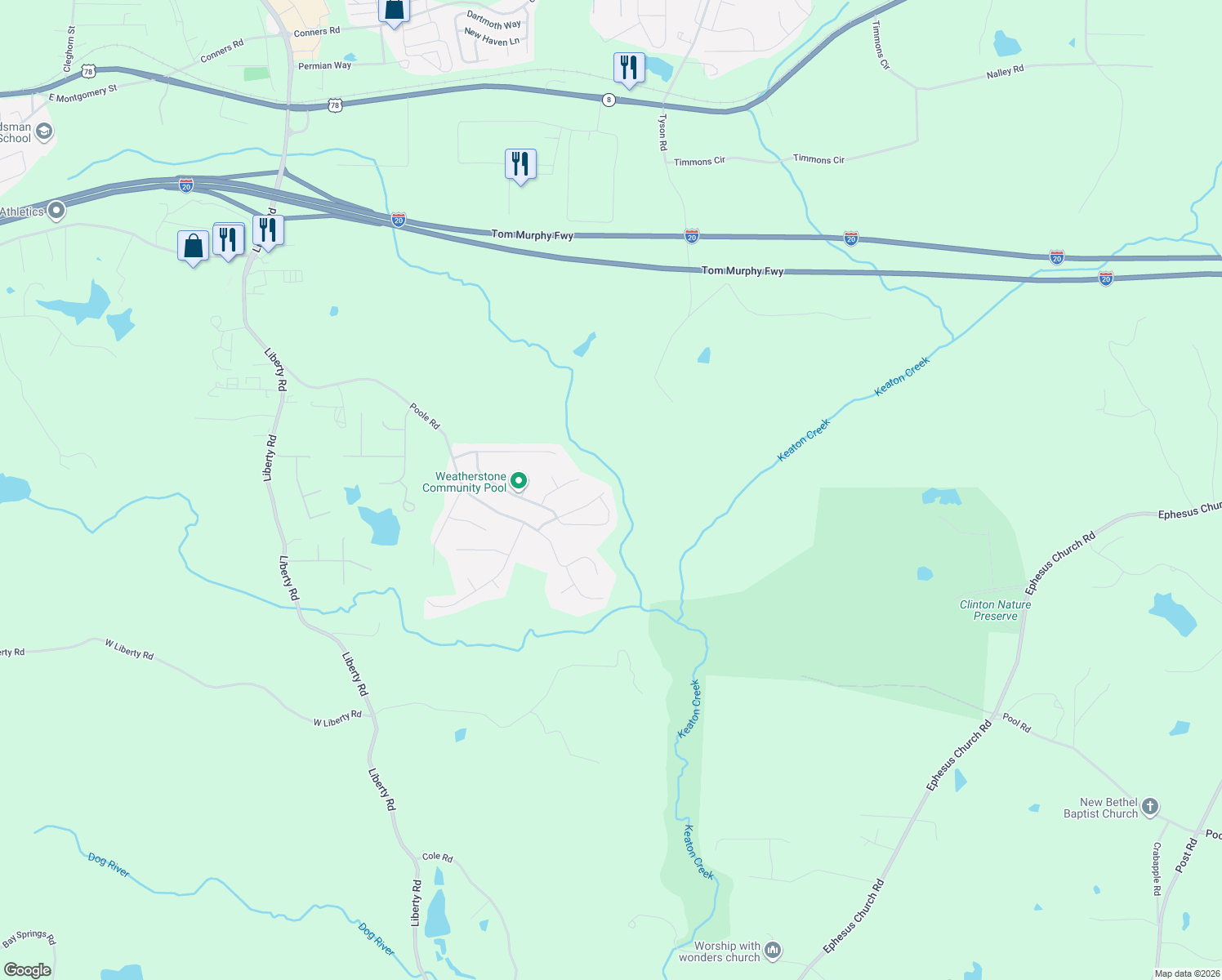 map of restaurants, bars, coffee shops, grocery stores, and more near 306 Millpond Parkway in Villa Rica