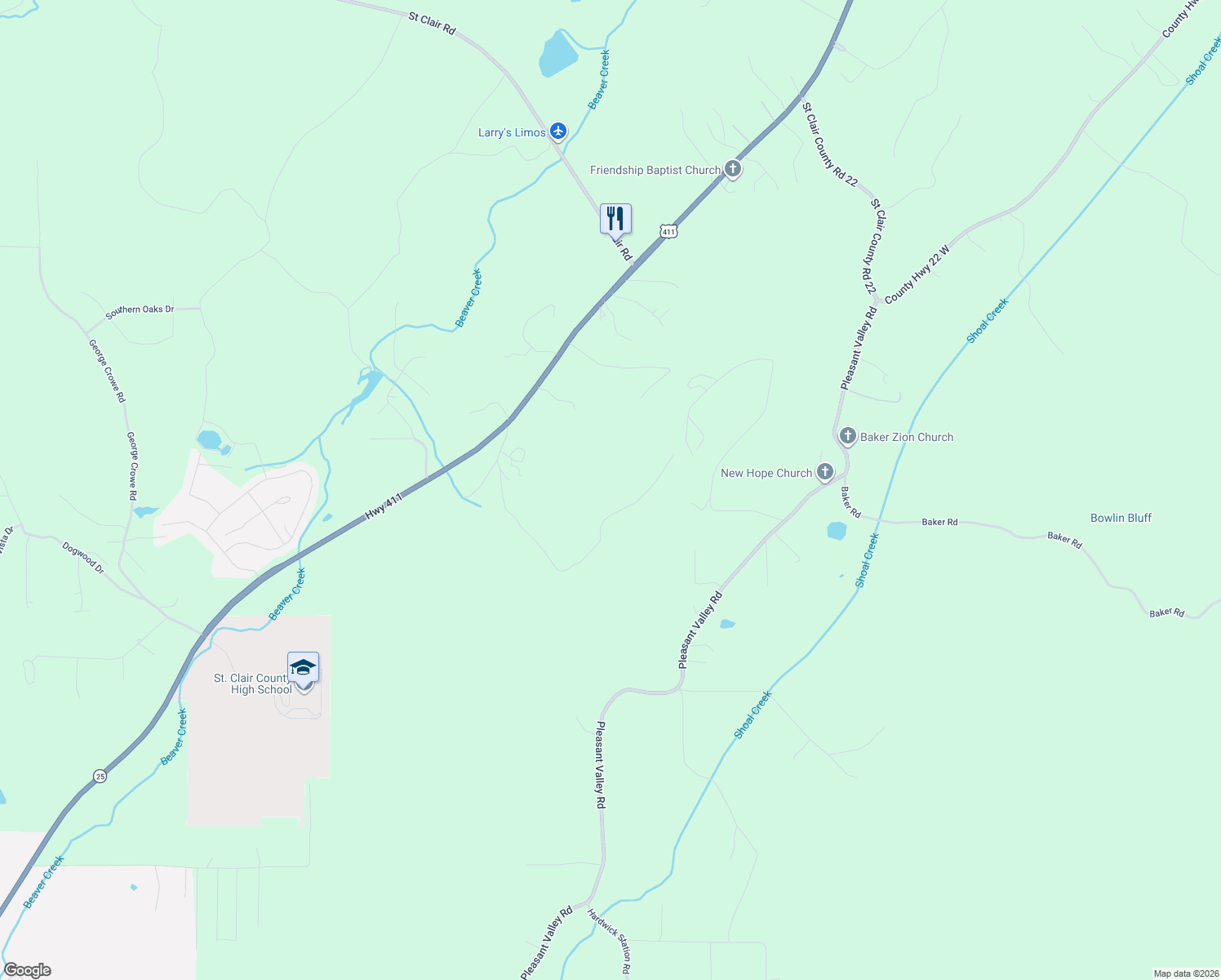 map of restaurants, bars, coffee shops, grocery stores, and more near 845 Moore Road in Springville