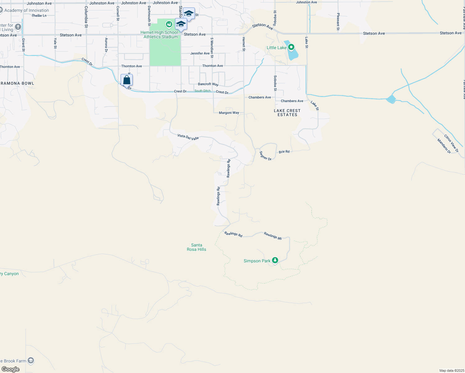 map of restaurants, bars, coffee shops, grocery stores, and more near 28196 Rawlings Road in Hemet