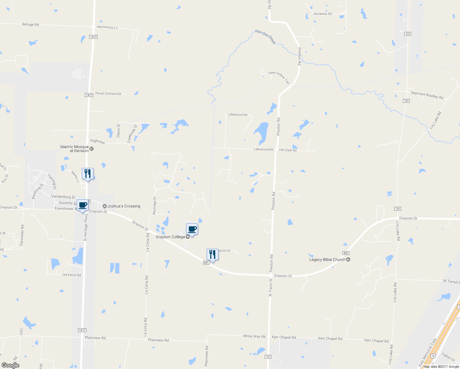 map of restaurants, bars, coffee shops, grocery stores, and more near 266 Mourning Dove Lane in Denison