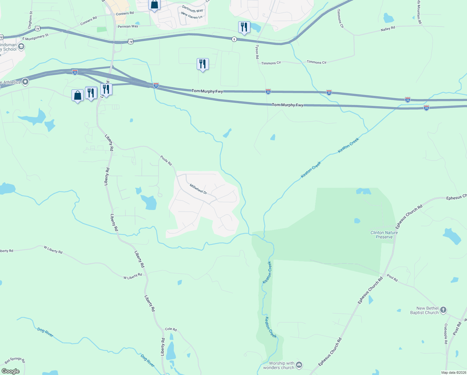 map of restaurants, bars, coffee shops, grocery stores, and more near 303 Millpond Parkway in Villa Rica