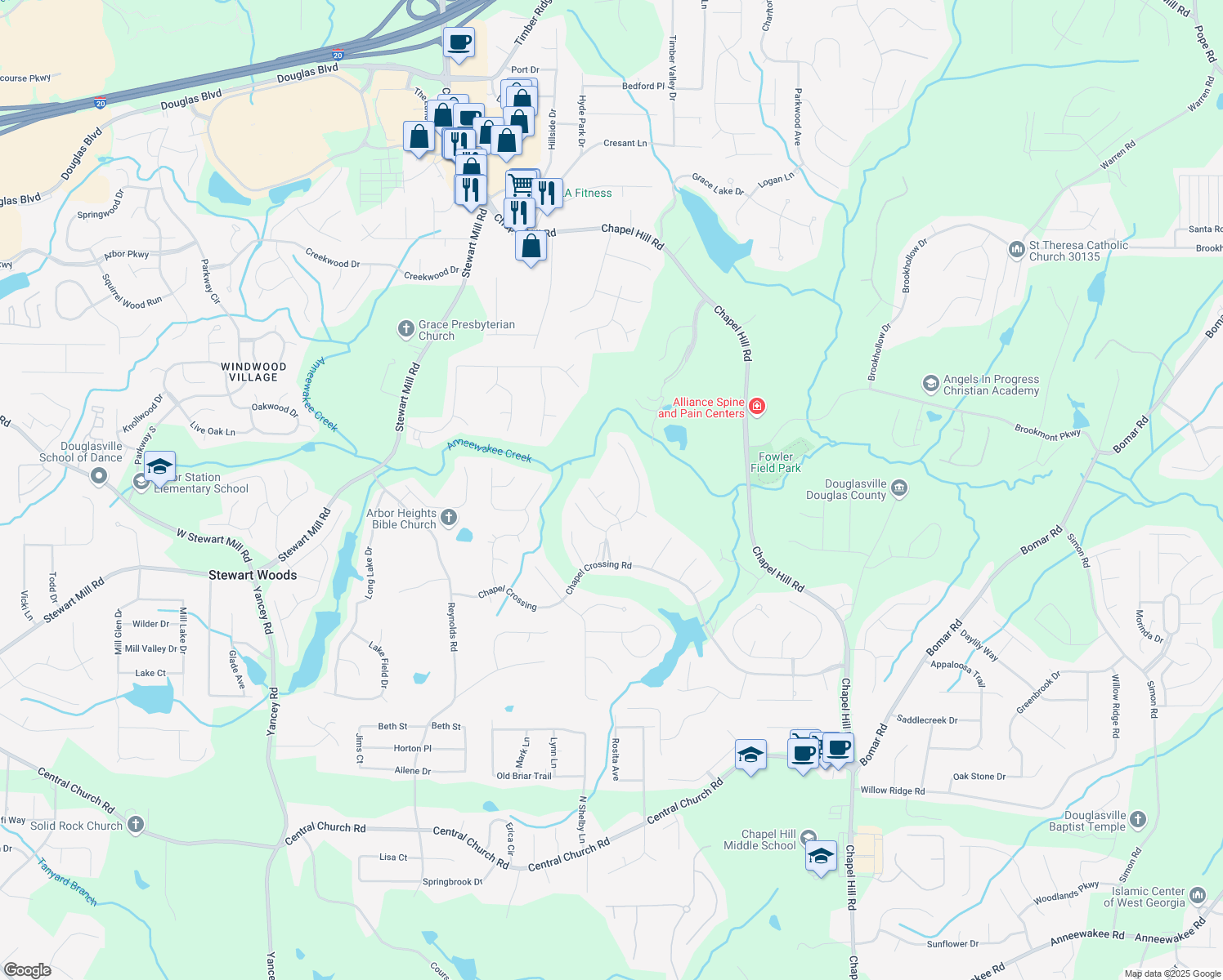 map of restaurants, bars, coffee shops, grocery stores, and more near 3432 Emily Place in Douglasville