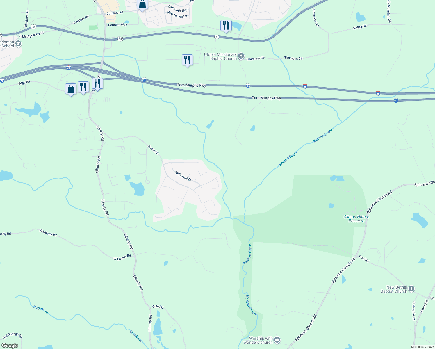 map of restaurants, bars, coffee shops, grocery stores, and more near 305 Millpond Parkway in Villa Rica