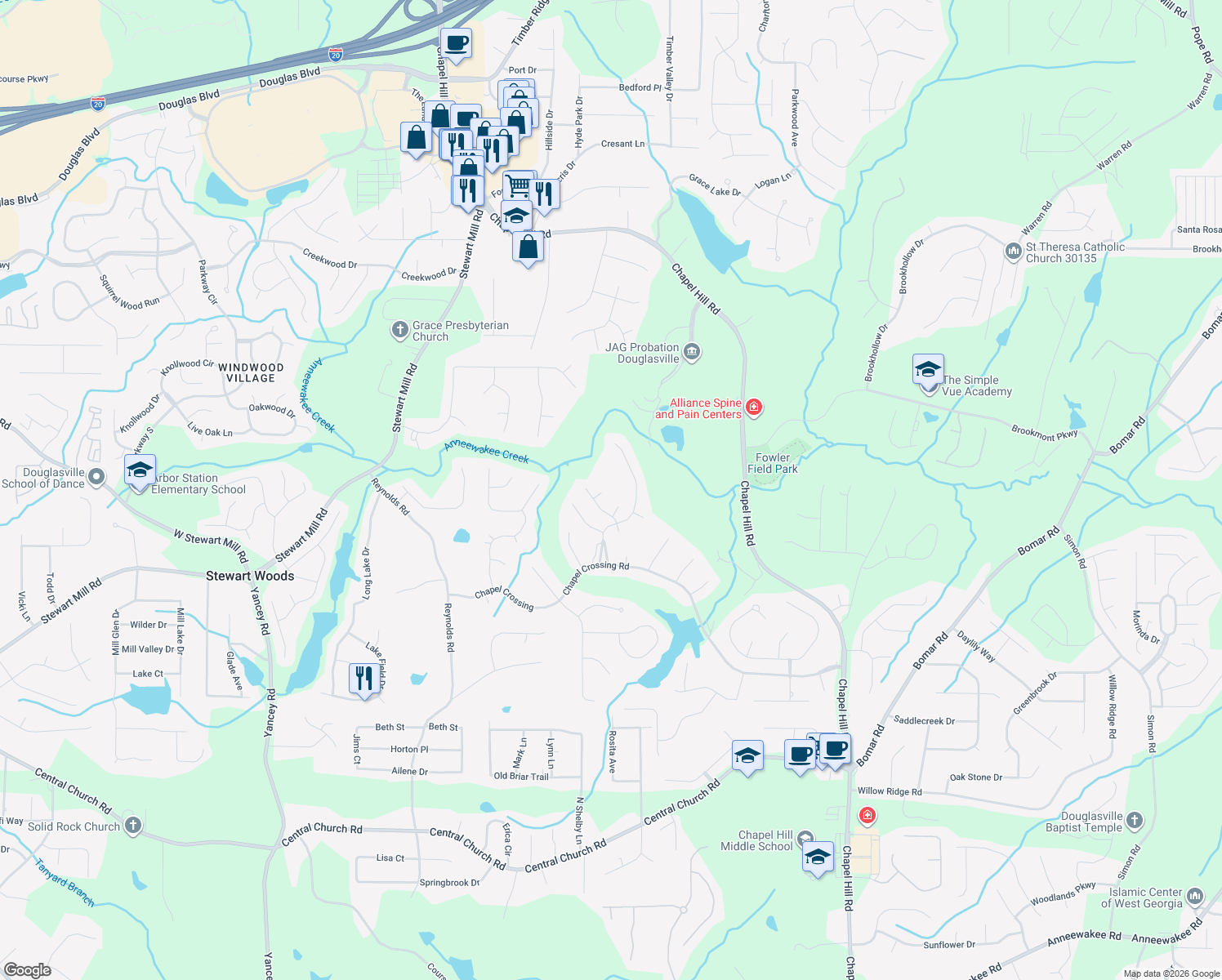 map of restaurants, bars, coffee shops, grocery stores, and more near 3432 Emily Place in Douglasville