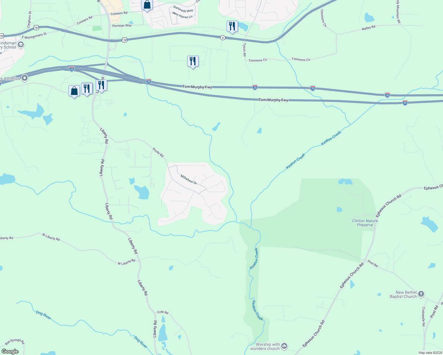 map of restaurants, bars, coffee shops, grocery stores, and more near 303 Millpond Parkway in Villa Rica