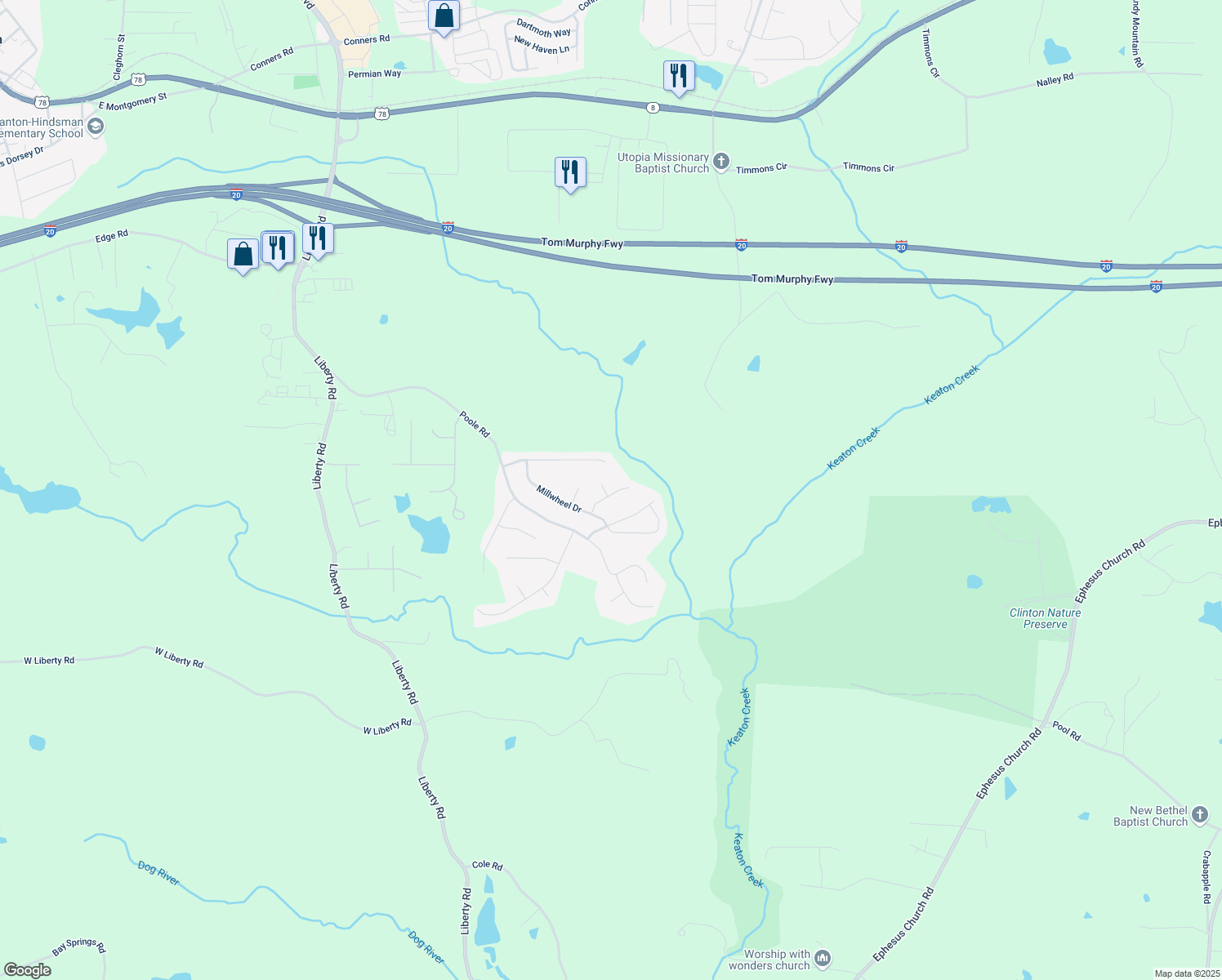 map of restaurants, bars, coffee shops, grocery stores, and more near 205 Millstream Ridge in Villa Rica