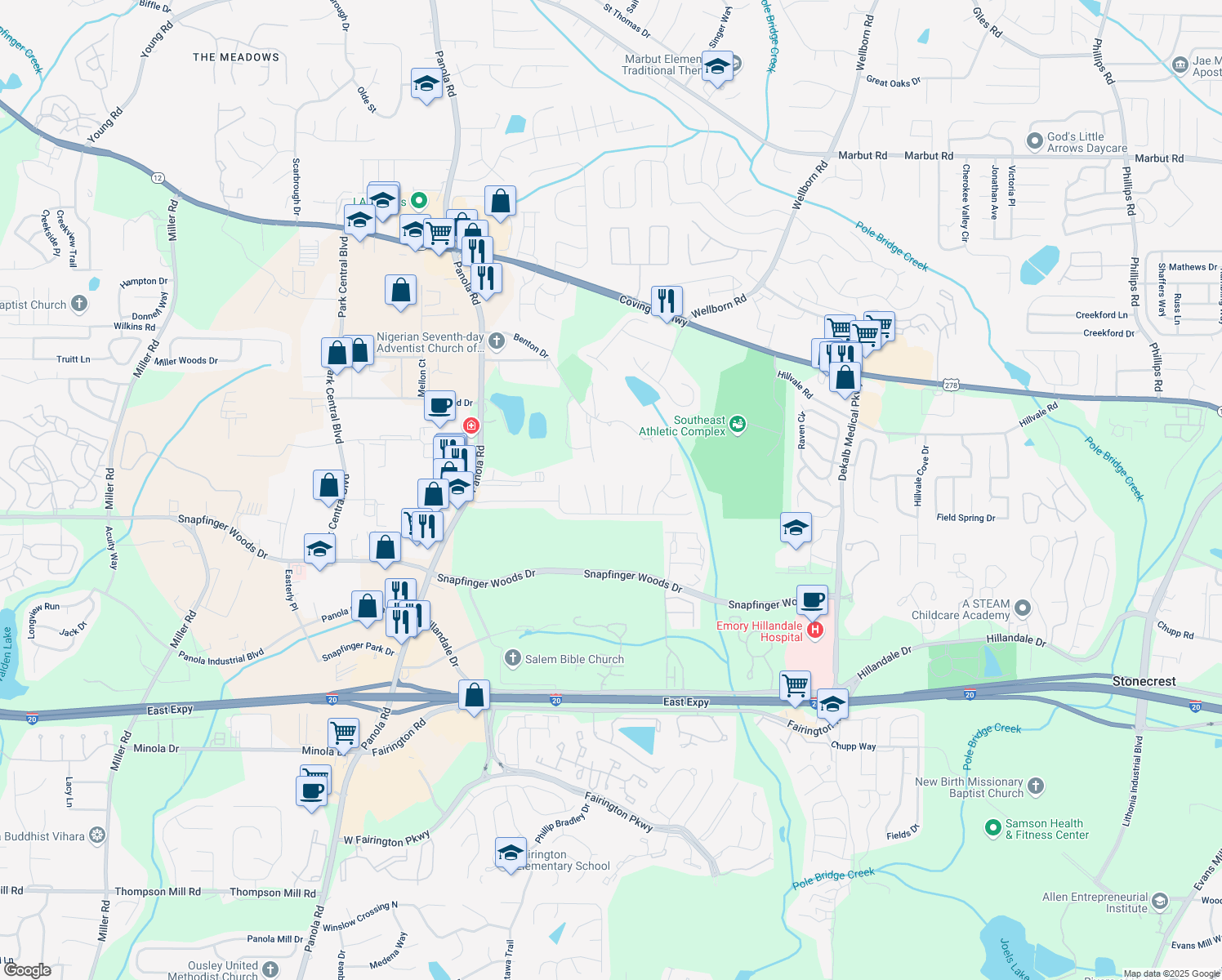 map of restaurants, bars, coffee shops, grocery stores, and more near 2544 Lancewood Lane in Lithonia