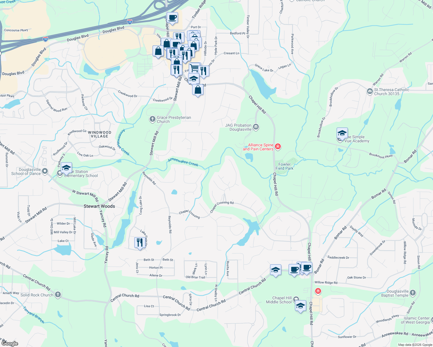 map of restaurants, bars, coffee shops, grocery stores, and more near 4496 Avion Park in Douglasville