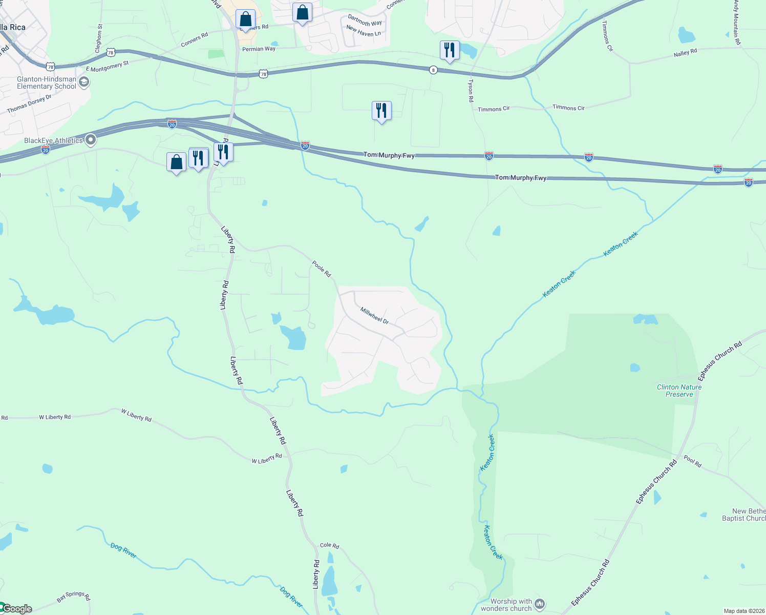 map of restaurants, bars, coffee shops, grocery stores, and more near 109 Weatherford Way in Villa Rica