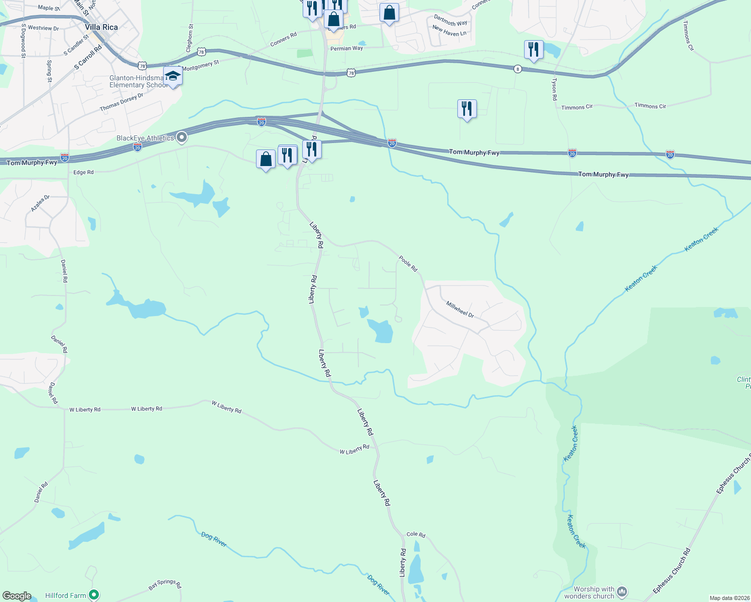 map of restaurants, bars, coffee shops, grocery stores, and more near 3165 Waterplace Cove in Villa Rica