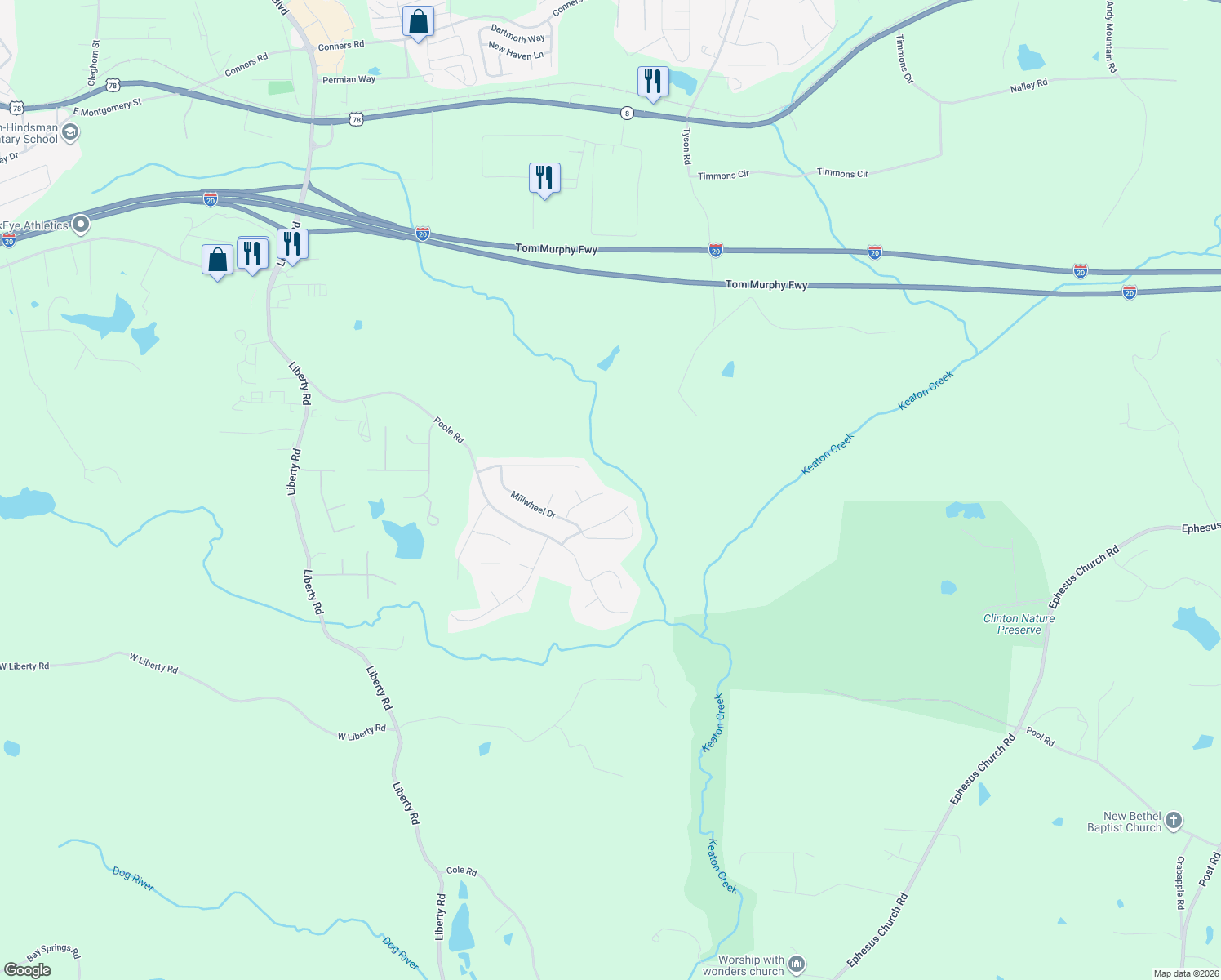 map of restaurants, bars, coffee shops, grocery stores, and more near 205 Millstream Ridge in Villa Rica