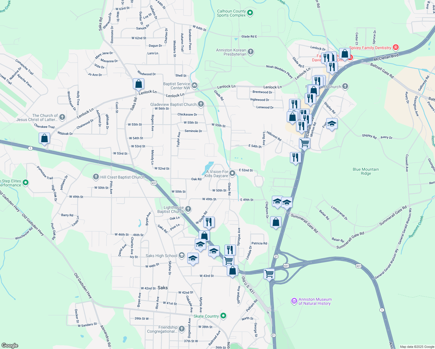 map of restaurants, bars, coffee shops, grocery stores, and more near 5108 Shane Drive in Anniston