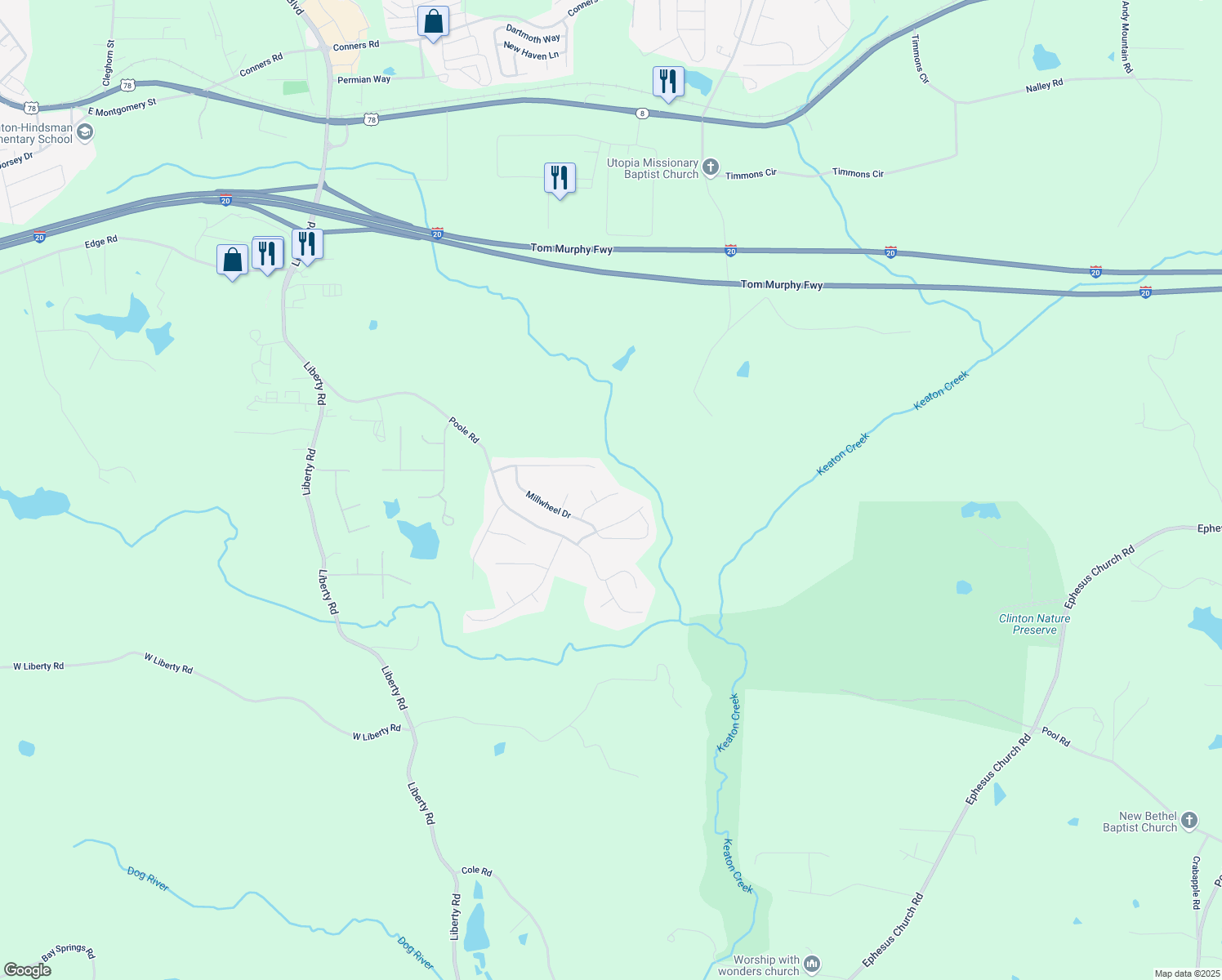 map of restaurants, bars, coffee shops, grocery stores, and more near 205 Millstream Ridge in Villa Rica