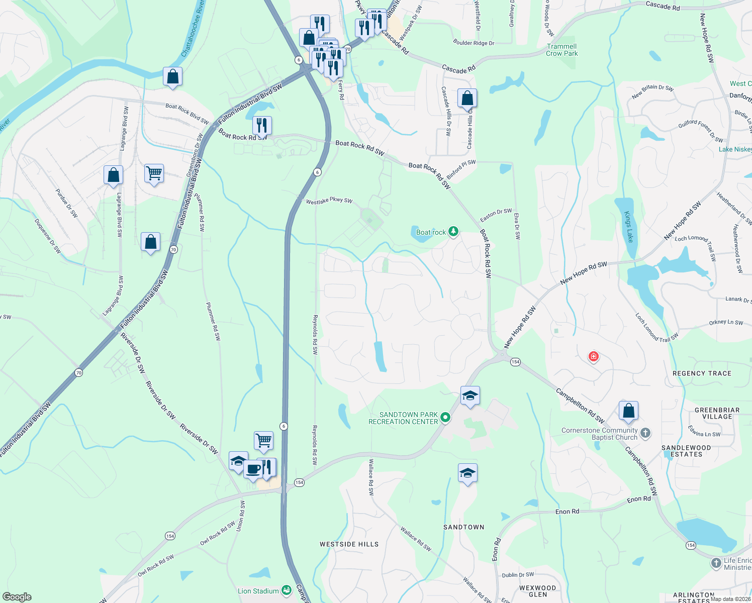map of restaurants, bars, coffee shops, grocery stores, and more near 5325 Stone Croft Trail in Atlanta