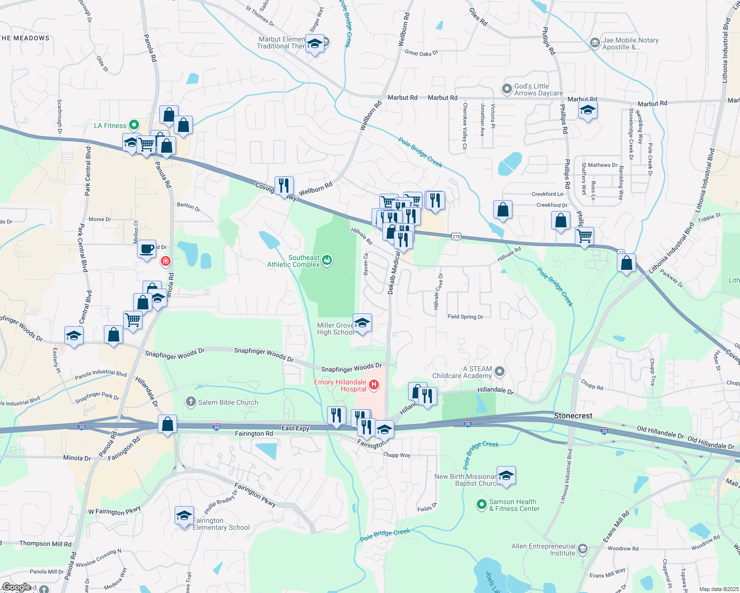 map of restaurants, bars, coffee shops, grocery stores, and more near 5890 Heritage Walk in Lithonia