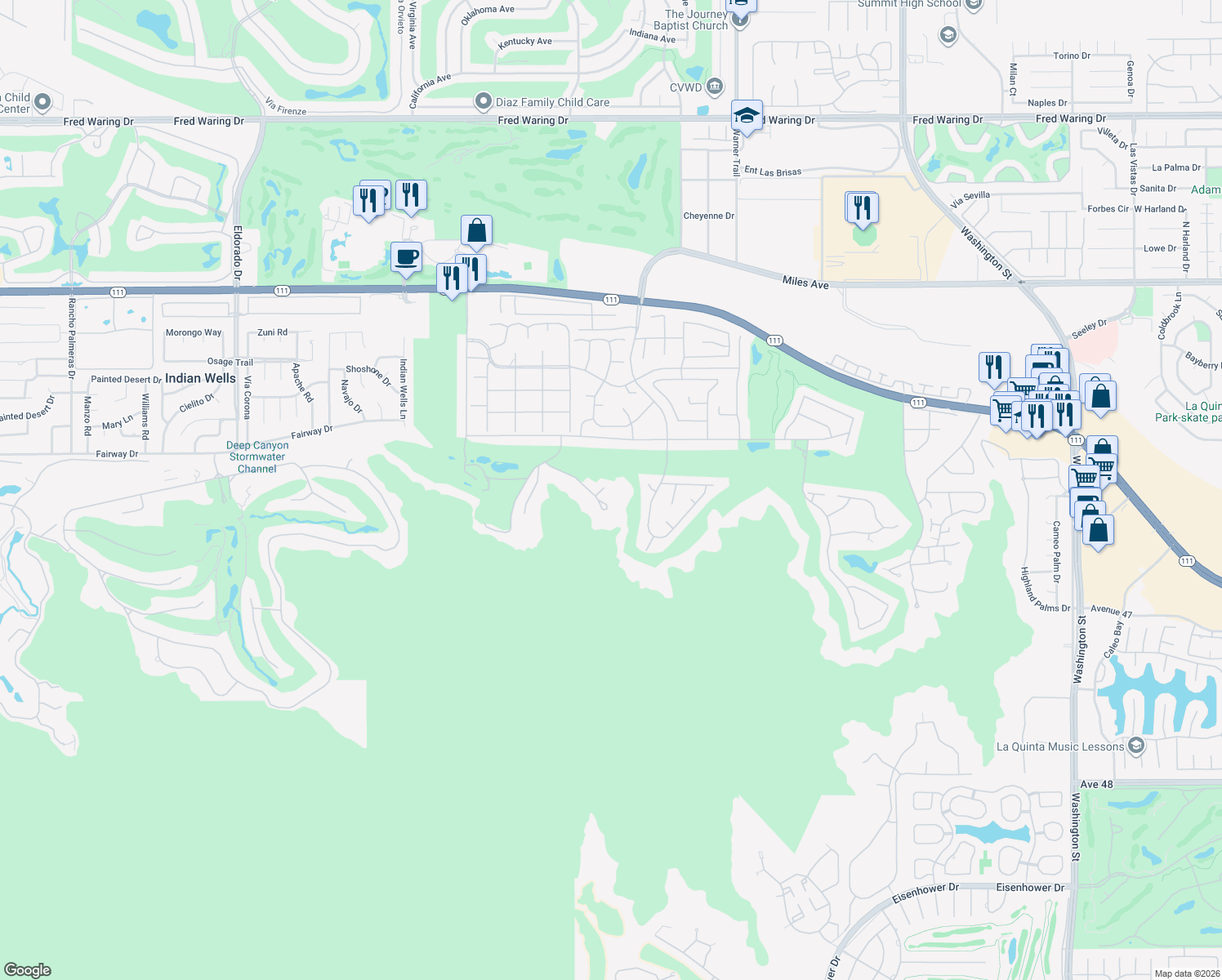 map of restaurants, bars, coffee shops, grocery stores, and more near 46228 Lou Cir in Indian Wells