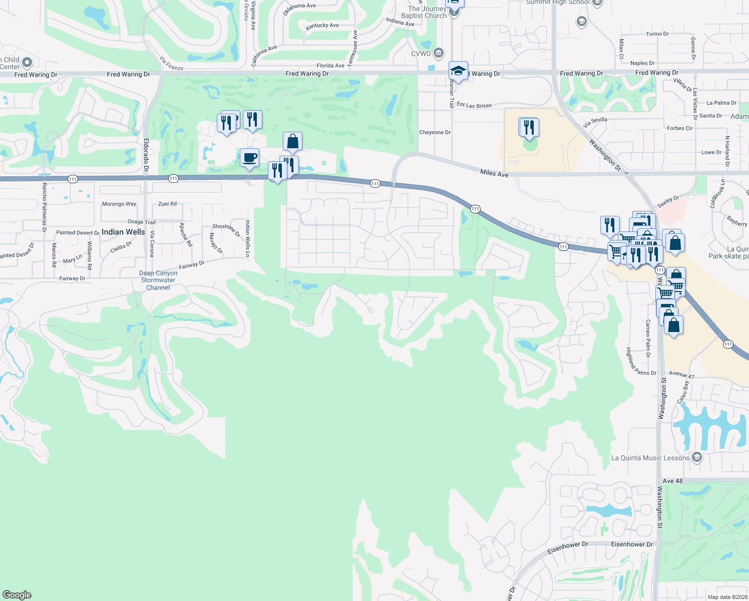map of restaurants, bars, coffee shops, grocery stores, and more near 46228 Lou Circle in Indian Wells