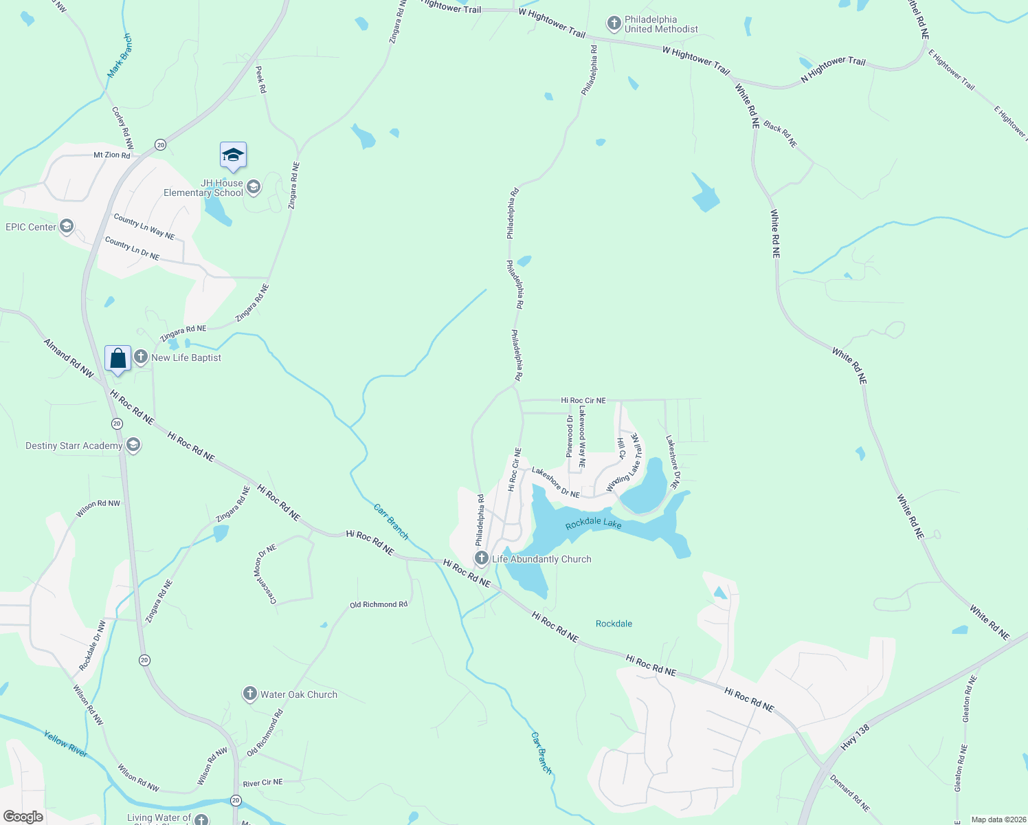 map of restaurants, bars, coffee shops, grocery stores, and more near 2033 Hi View Drive Northeast in Conyers