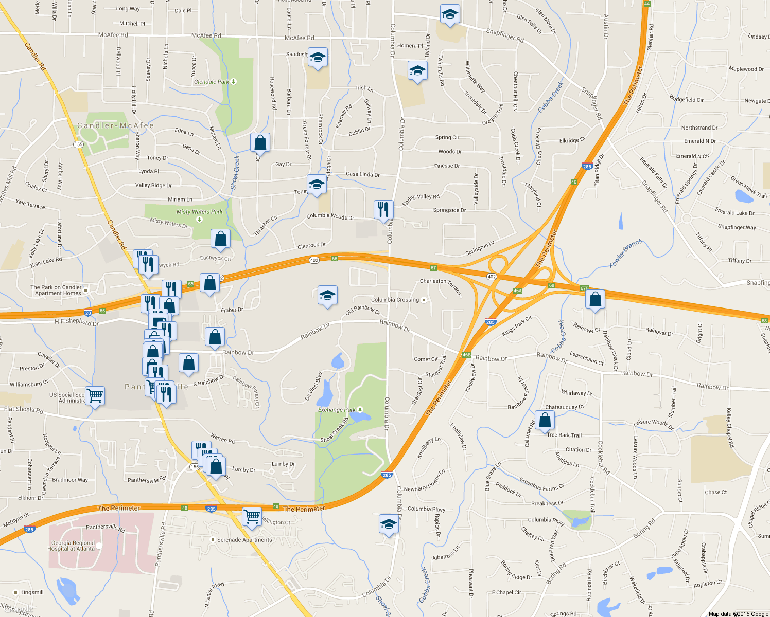 map of restaurants, bars, coffee shops, grocery stores, and more near 3181 Abbeywood Drive in Decatur