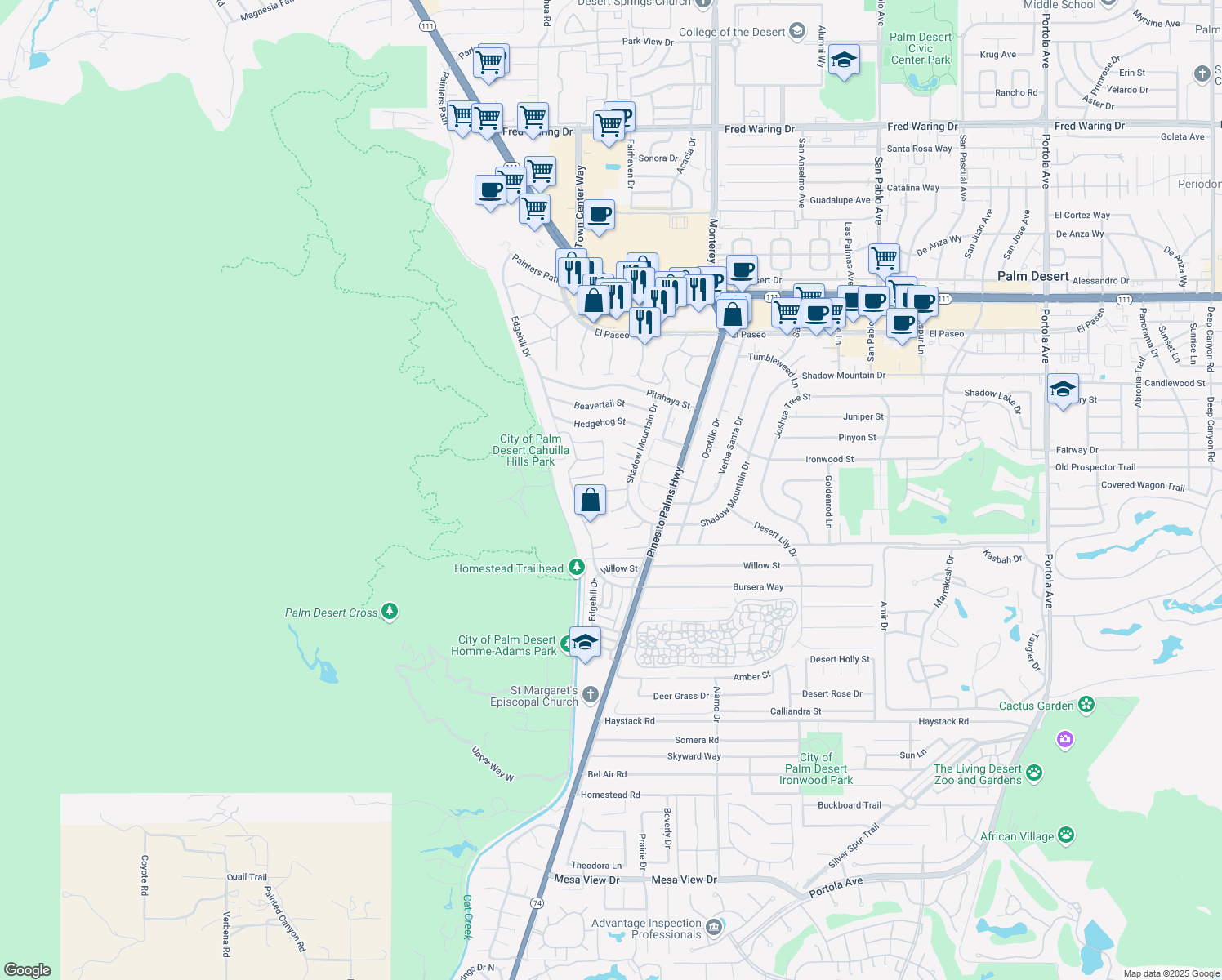 map of restaurants, bars, coffee shops, grocery stores, and more near 72730 Yucca Court in Palm Desert