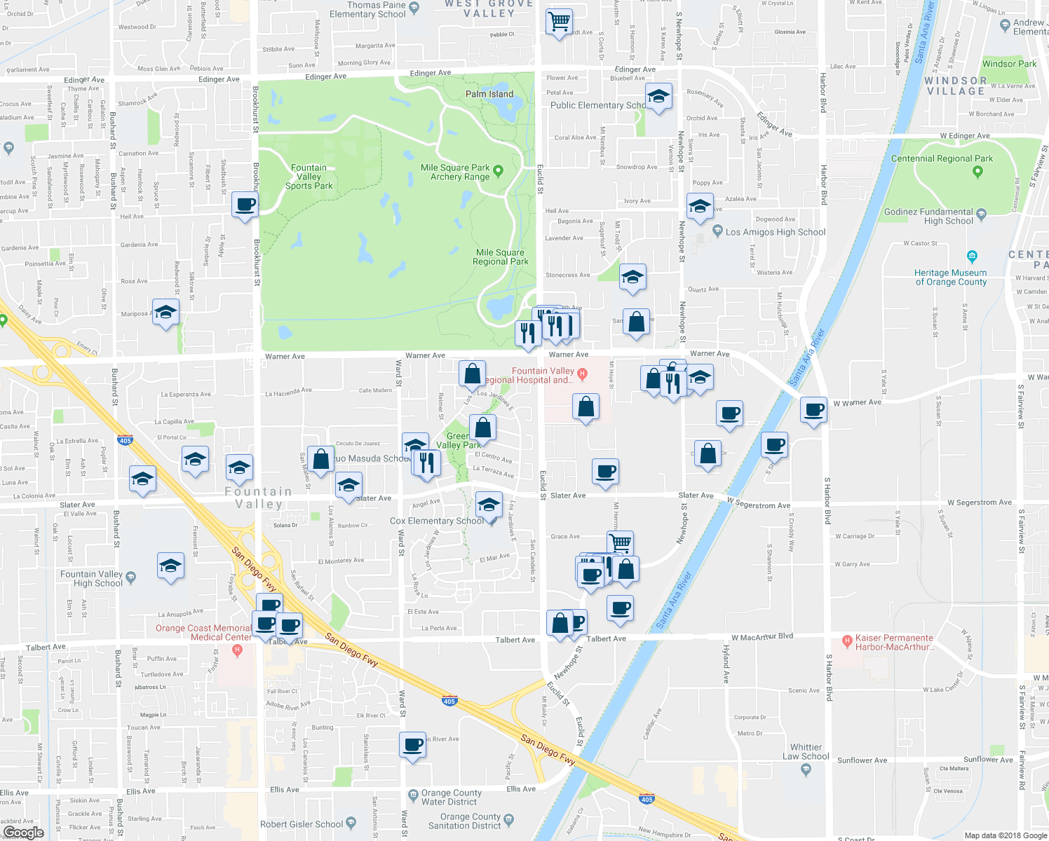 map of restaurants, bars, coffee shops, grocery stores, and more near 17230 San Lorenzo Circle in Fountain Valley