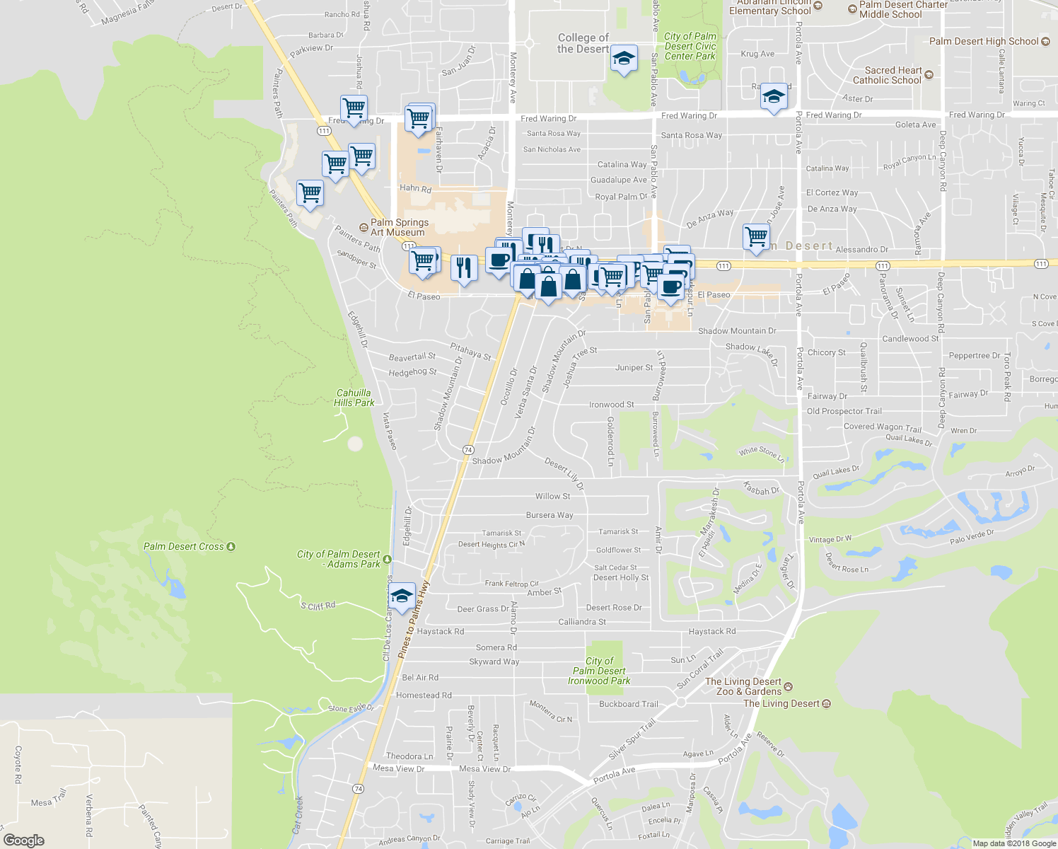 map of restaurants, bars, coffee shops, grocery stores, and more near 73070 Shadow Mountain Drive in Palm Desert