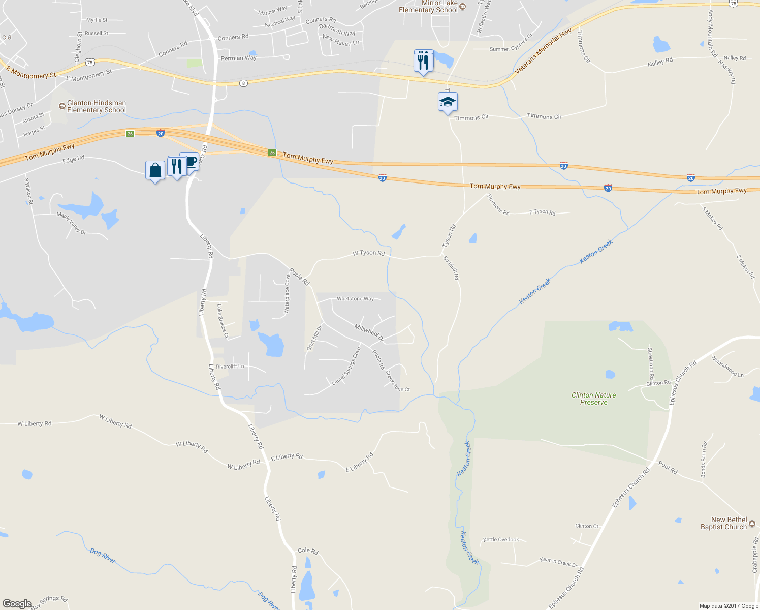 map of restaurants, bars, coffee shops, grocery stores, and more near 186 Whetstone Way in Villa Rica