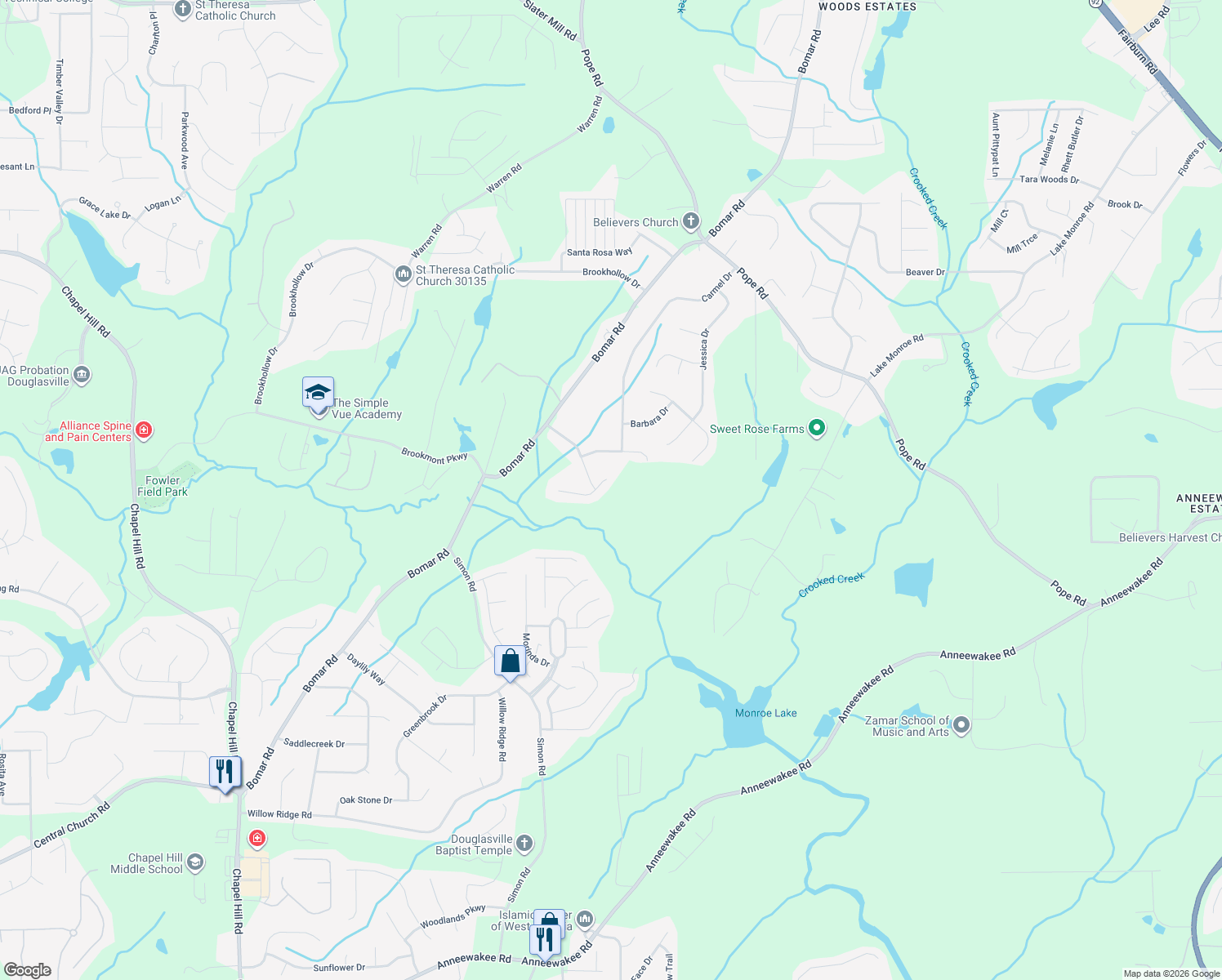map of restaurants, bars, coffee shops, grocery stores, and more near 3701 Carolyn Farm Rd in Douglasville