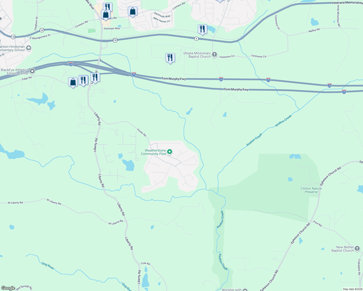 map of restaurants, bars, coffee shops, grocery stores, and more near 177 Whetstone Way in Villa Rica